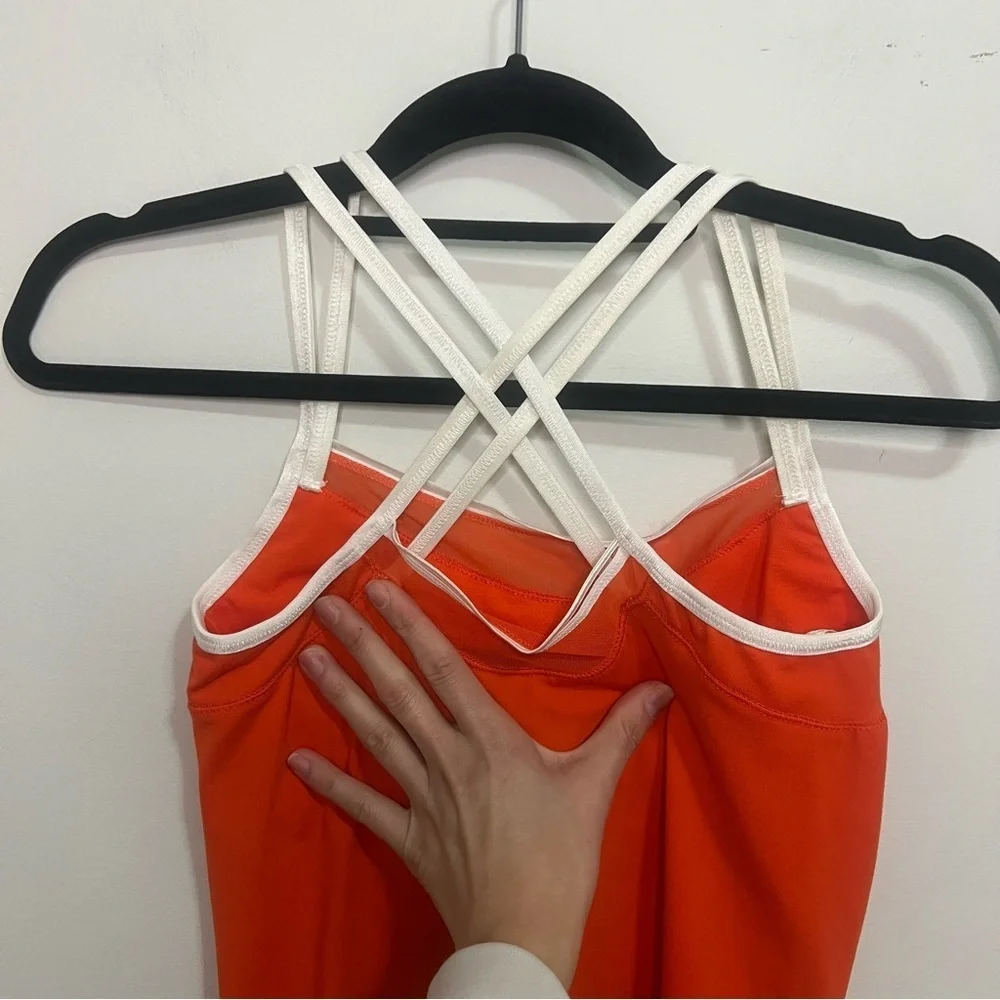ALO Yoga Orange Workout Tank with White Criss Cross Straps Mesh Workout Athletic